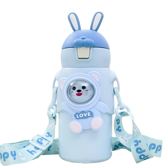 Thermal Water Bottle Cartoon Cute Rabbit Kids Children Insulation Cup Carrying Strap Portable Stainless Steel Straw Cup