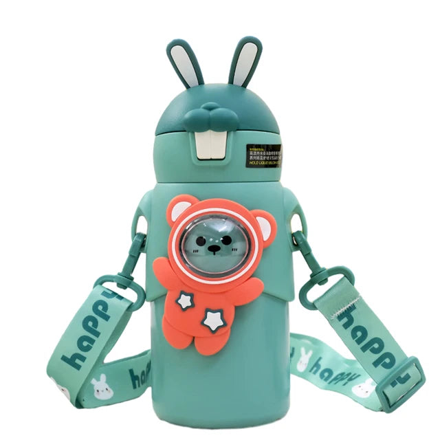 Thermal Water Bottle Cartoon Cute Rabbit Kids Children Insulation Cup Carrying Strap Portable Stainless Steel Straw Cup