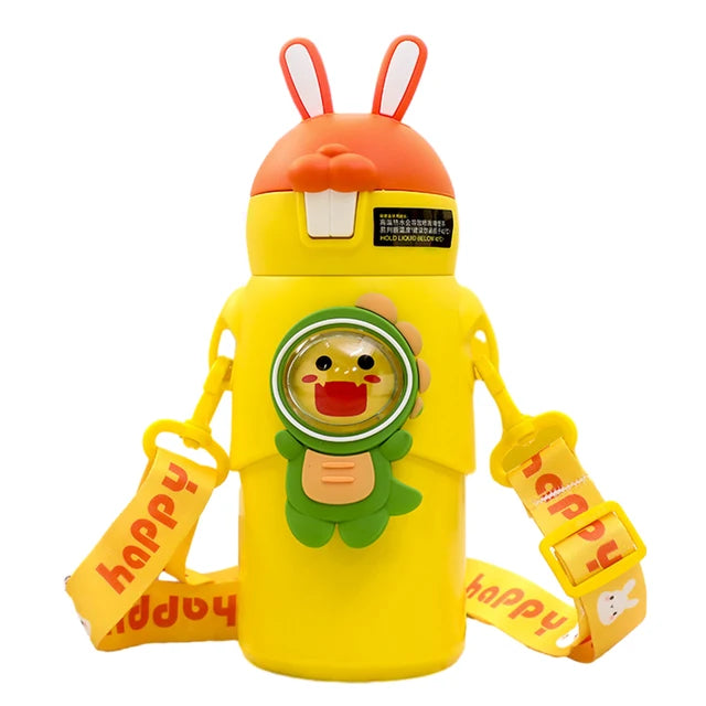 Thermal Water Bottle Cartoon Cute Rabbit Kids Children Insulation Cup Carrying Strap Portable Stainless Steel Straw Cup