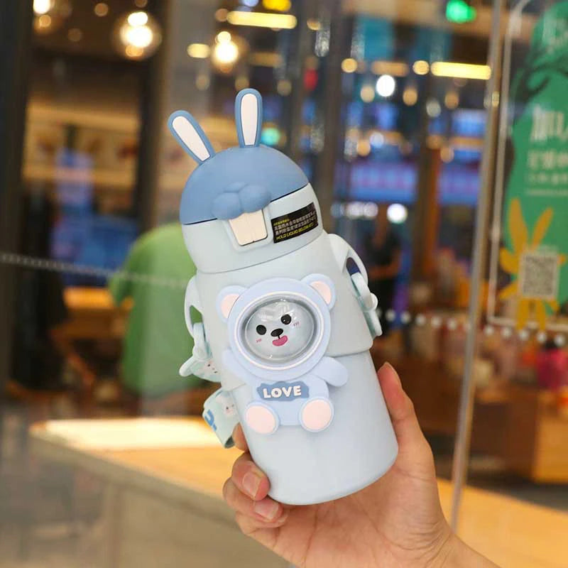 Thermal Water Bottle Cartoon Cute Rabbit Kids Children Insulation Cup Carrying Strap Portable Stainless Steel Straw Cup