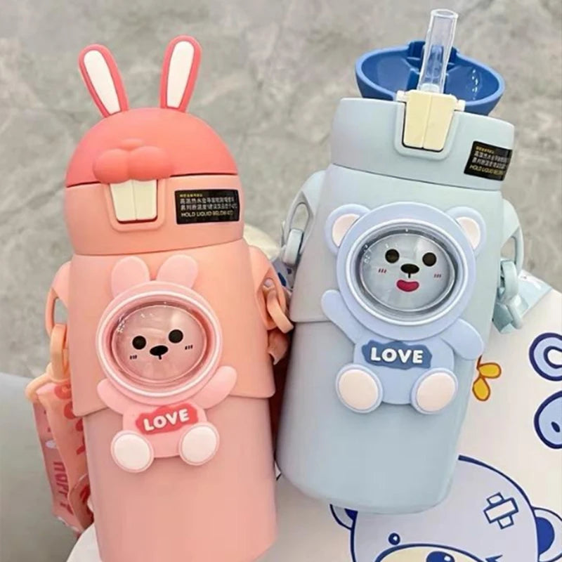 Thermal Water Bottle Cartoon Cute Rabbit Kids Children Insulation Cup Carrying Strap Portable Stainless Steel Straw Cup