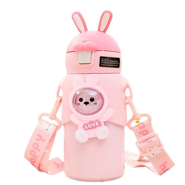 Thermal Water Bottle Cartoon Cute Rabbit Kids Children Insulation Cup Carrying Strap Portable Stainless Steel Straw Cup